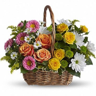 <div class="m-pdp-tabs-description">
<div id="mark-1" class="m-pdp-tabs-marketing-description">A basket full of bright blossoms will deliver the warmth of sunshine even when the skies seem gray. This beautiful gift will be appreciated for its life-affirming brilliance and your thoughtfulness at this time.</div>
</div>
<p id="arrngDescp">Brilliant blooms such as orange and yellow roses and spray roses mix with pink matsumoto asters, white daisy spray chrysanthemums, dazzling green button spray chrysanthemums, salal, pittosporum and more in a lovely rectangular basket with a handle.</p>